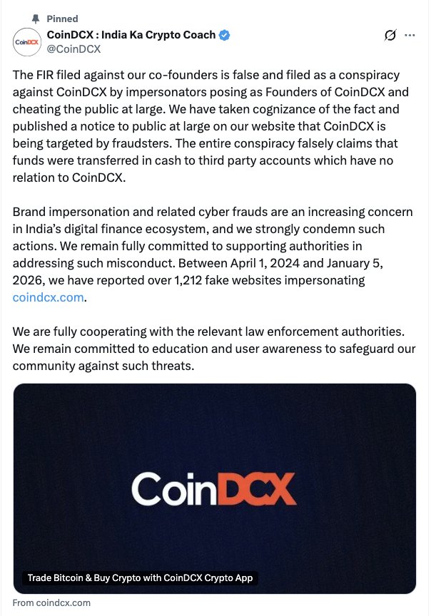 VishalSahu21's tweet image. 🚨 CoinDCX co-founders reportedly arrested over criminal breach of trust charges.

The exchange denies the claims, calling it a fraud conspiracy by impersonators.

#CoinDCX #Crypto #India #CryptoNews