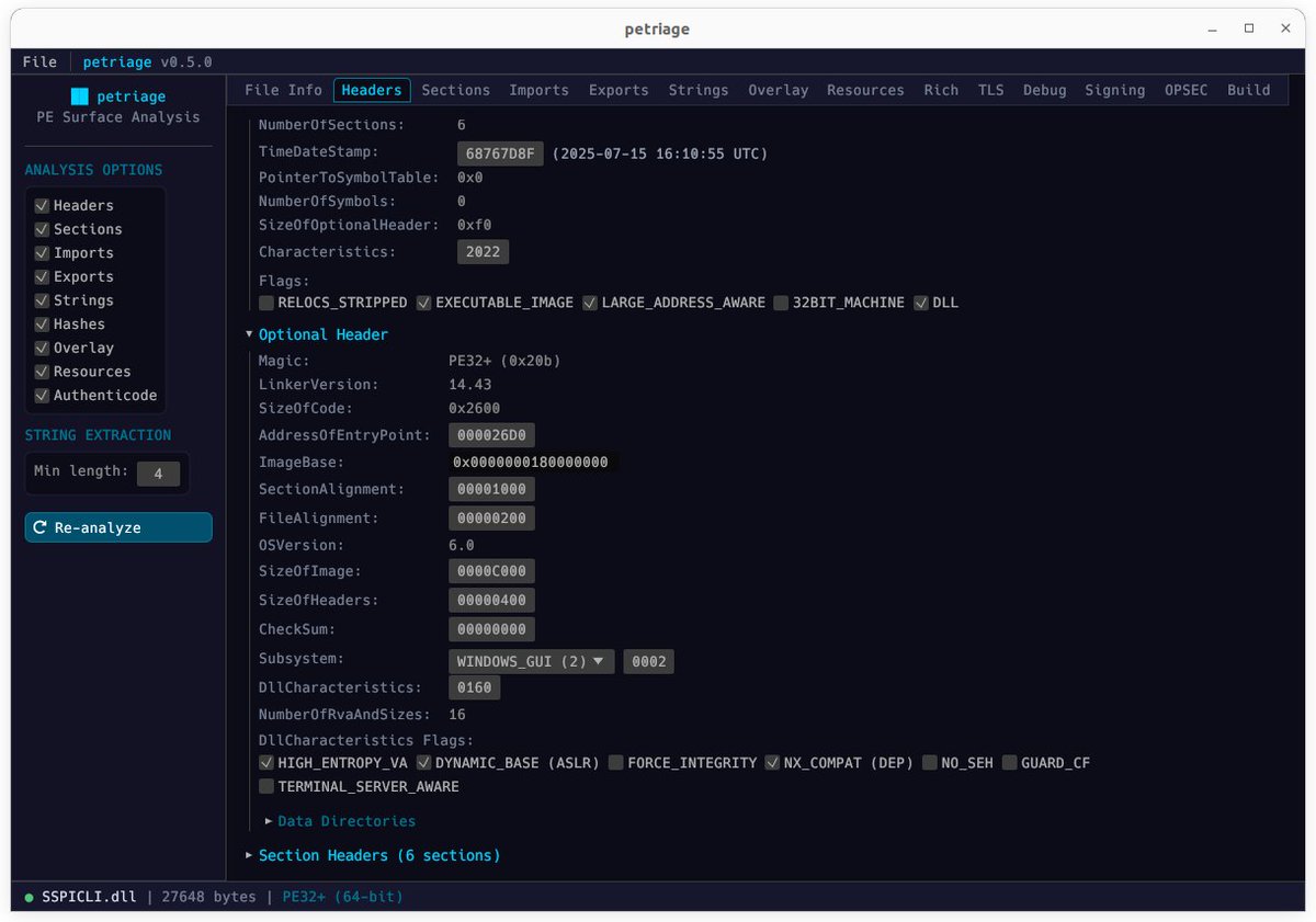 UkyKnight's tweet photo. #petriage v0.5.0 is now available!
Better detection of malformed/suspicious PE header values (demo: real malware with an invalid timestamp)
Semantic PE header editing: e.g., disable ASLR for debugging by turning off DYNAMIC_BASE and saving.
#malware
https://t.co/vwR1SMuZ1V https://t.co/P8n02tiCxX