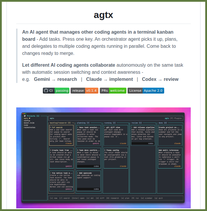 tom_doerr's tweet photo. Orchestrates multiple AI coding agents in parallel

https://t.co/AZAbhRSR06 https://t.co/miT6MKMcea