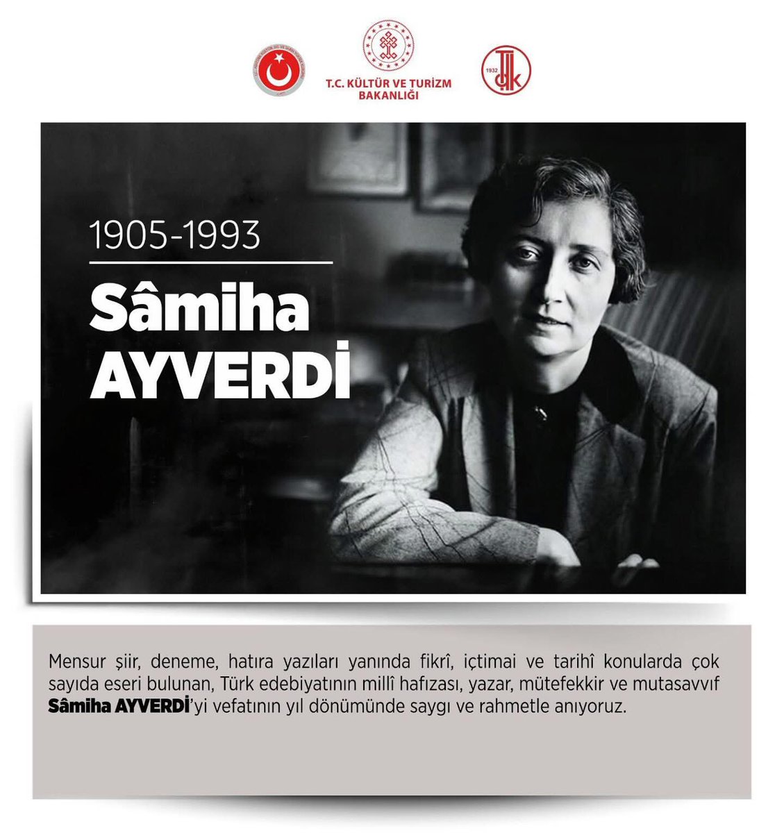 📌Türk edebiyatının millî hafızası, mütefekkir yazarlarımızdan Sâmiha AYVERDİ’yi vefatının 33. yılında saygı ve rahmetle anıyoruz.

#TarihteBugün
#SâmihaAyverdi