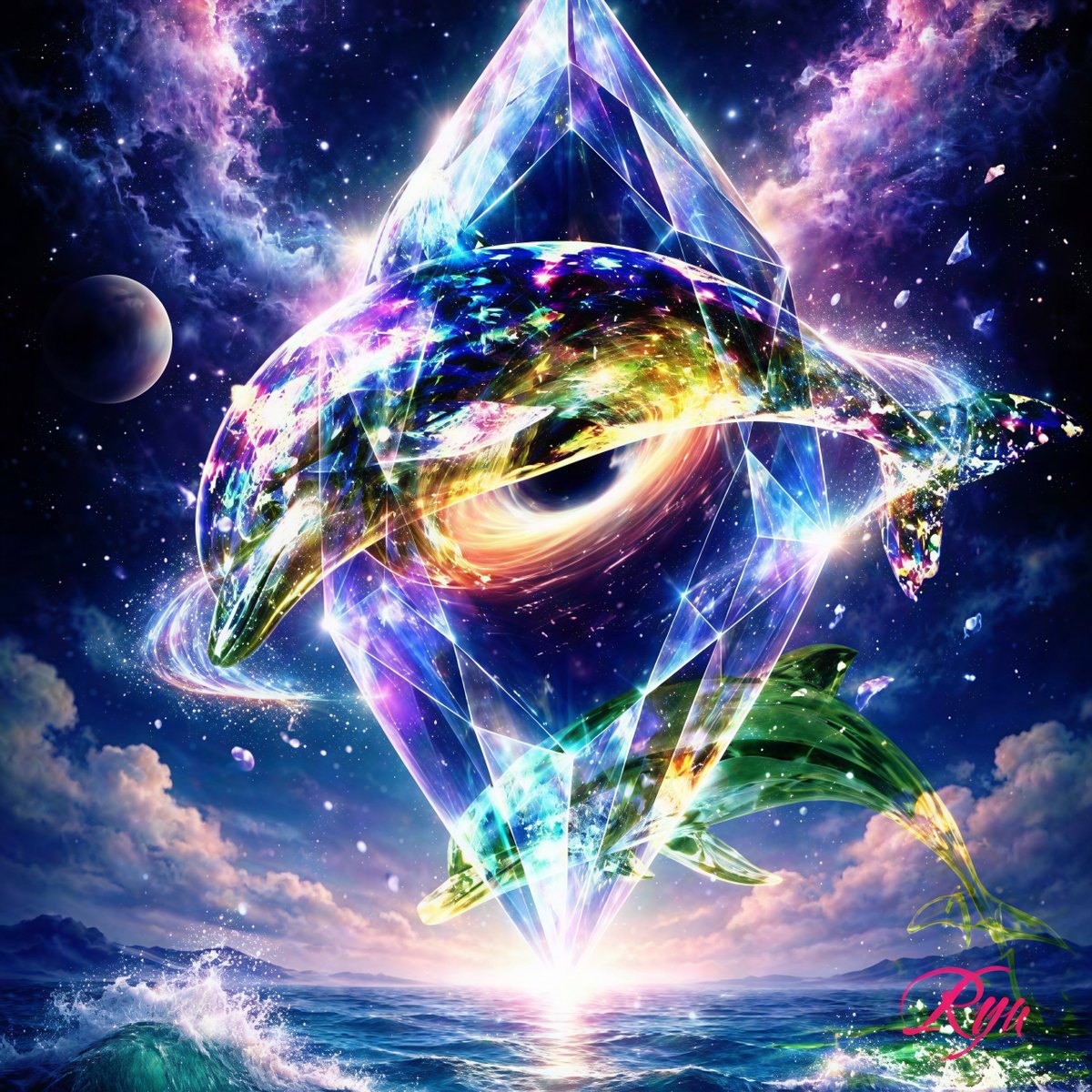 RAM_N2026's tweet photo. 宇宙空間は無限である。ブラックホールみたいにミステリアスで、クリスタルのように透明感ある輝きが最高だよね✨(๑>◡<๑) イルカの魅力は深くてキラキラしてて、いつまでも見つめていたくなる💕✨ #contemporaryart #contemporarya #artcollector #artwork #drawing https://t.co/2dIyzaeLcP