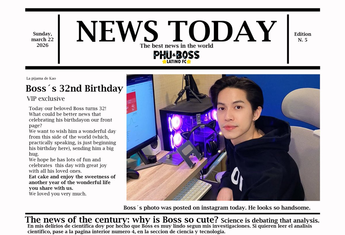 PhubossF's tweet photo. 🚨ES HOY!!! 🚨
Es cumpleaños de nuestro querido #bossthanabat y lo celebramos con la primera plana de nuestro periódico 🥳🎂🎉

#bossthanabatngamkamolchai #bossthanabatfanpage

-la pijama de kao-🖤 https://t.co/ZvpXT4BzXl