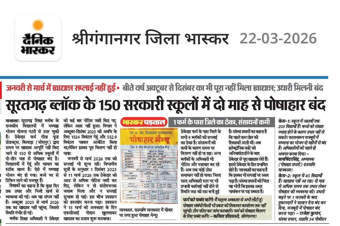 dharmpal776's tweet photo. @GovindDotasra श्रीगंगानगर जिले में सूरतगढ़ ब्लॉक के 150 सरकारी स्कूलों में दो माह से पोषाहार बंद...जनवरी से मार्च में खाद्यान्न की सप्लाई नहीं, उधारी मिलने भी हुई बंद @Diprfactcheck
@DainikBhaskar
@madandilawar
@rajeduofficial
@ias_manju
@BJP4Rajasthan
@8PMnoCM @RajGovOfficial @GovindDotasra https://t.co/OvoTuY1XRQ