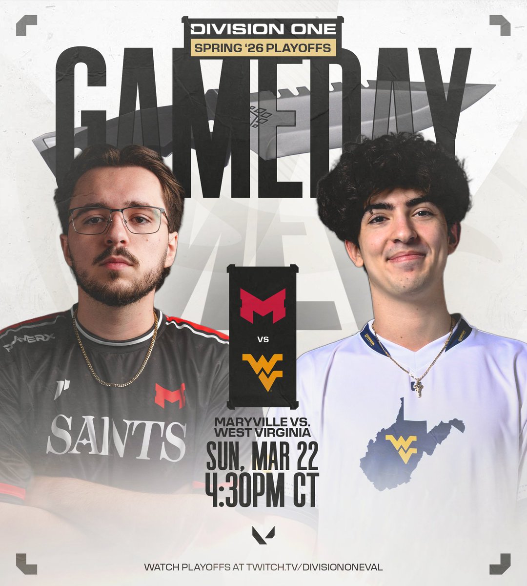 DivOneEsports's tweet photo. Duke it out! 💥

#DivOneVAL Playoffs semi-finals kick off with @MaryvilleGG vs. @WVUEsports !

🕟4:30 Central https://t.co/qpaMGHxjbf