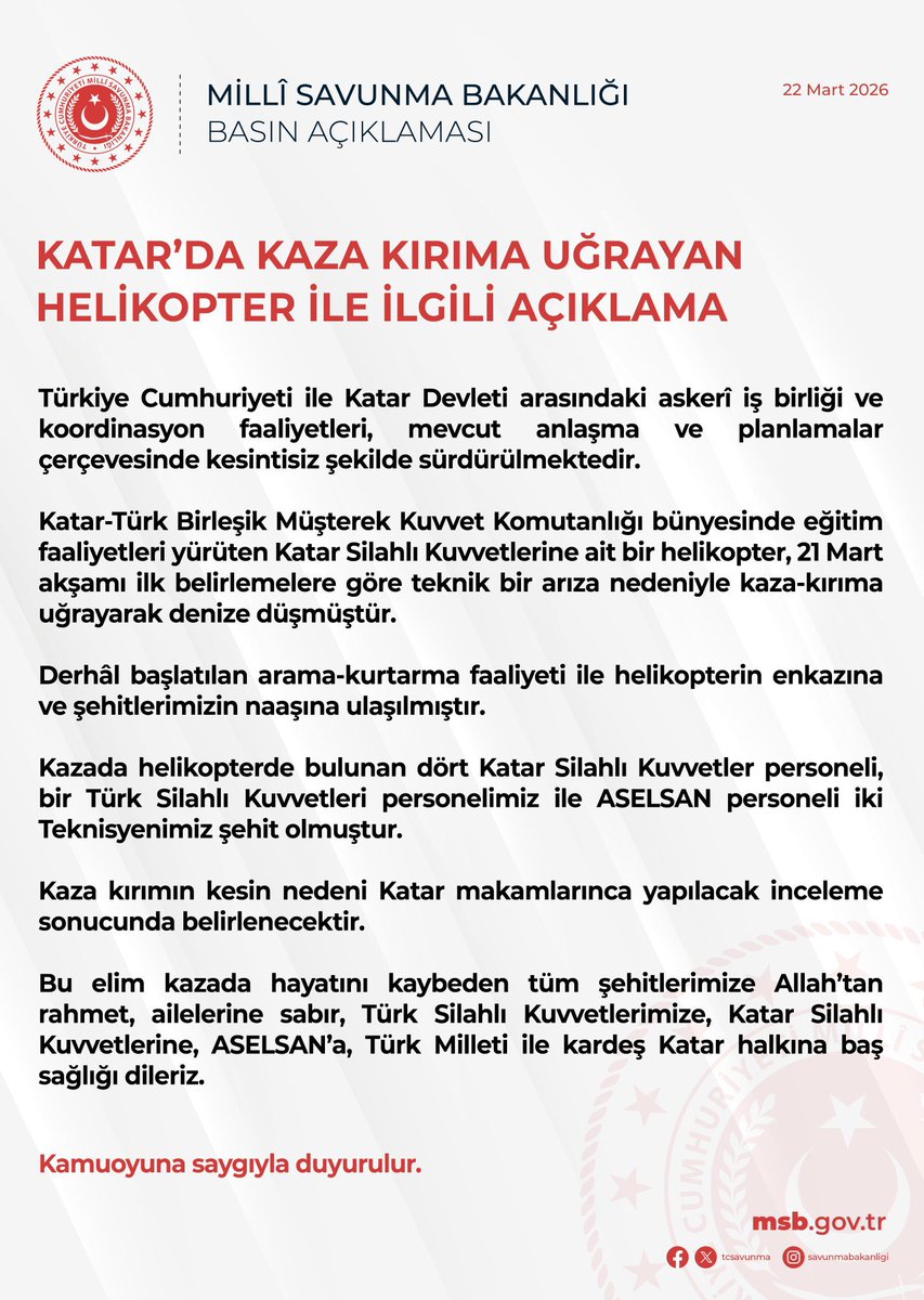 uygarplt's tweet photo. Katar Silahlı Kuvvetleri’ne ait 1 helikopterin kaza kırıma uğraması sonucu:

 • 1 TSK askeri, 
 • 2 ASELSAN personeli şehit oldu..

Şehitlerimize Allah’tan rahmet, ailelerine ve milletimize başsağlığı diliyorum https://t.co/7zuA4GRzAp