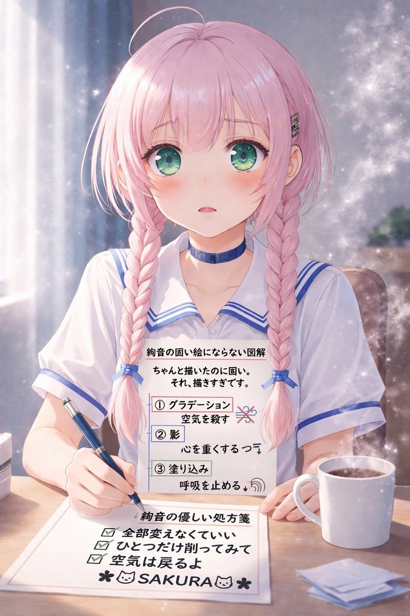 ちゃんと描いたのに、固い絵になる朝。

それ、“描きすぎ”です。

メイクもそうじゃない？

頑張って盛った日ほど
「なんか違う…」ってなるやつ。

絵も、同じ。

その違和感、
「足りない」じゃなくて

“多すぎる”

✔ グラデ増やす → 空気、死ぬ
✔ 影濃くする → 心、重くなる
✔ 塗り込む →