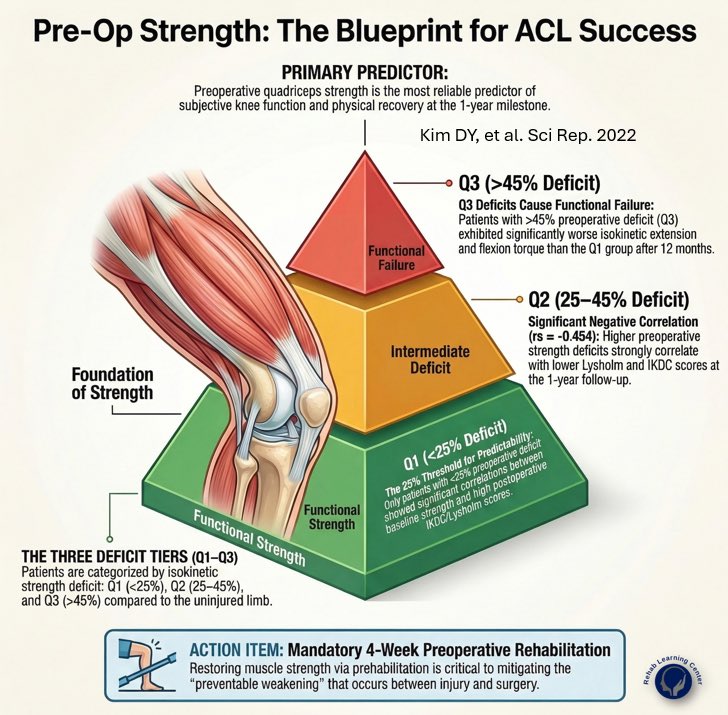 Athletes entering surgery with a deficit greater than 45% are significantly less likely to achieve optimal subjective knee function within the first year. These findings underscore clinical importance of "prehabilitation"; clinicians should prioritize restoring quad strength