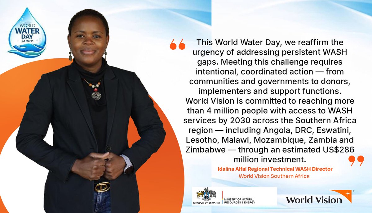 WorldVisionSAR's tweet photo. On this day, as the world comes together to mark World Water Day under the theme "Water &amp; Gender Equality – Where Water Flows, Equality Grows," we are reminded that the global water crisis remains urgent &amp; that action cannot wait.
#WorldWaterDay @WASH_FOR_HEALTH  @EswatiniGovern1 https://t.co/Von9y0bKyY