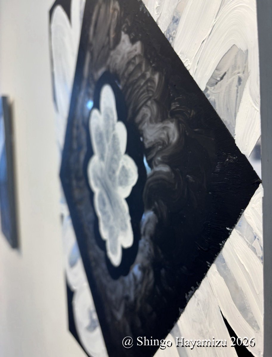 shingo_NY's tweet photo. 【個展"New Spectrum"より「Stroke Petals」横接写】

画面の内側と外側にストロークが連続することで植物の様なイメージが浮かび上がります。
中心の黒い面には鏡面特有の透けたニュアンスを残しています。

#現代アート #展覧会 #絵画 https://t.co/m8b4gz6b9l