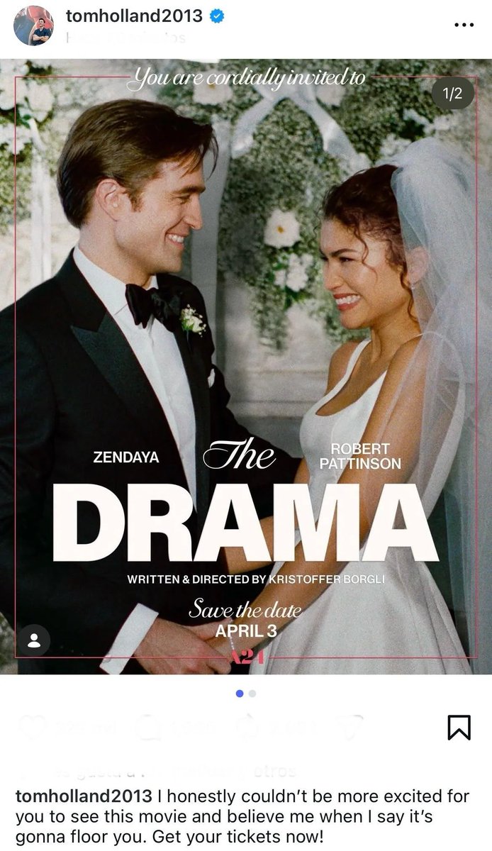 MsCsServer's tweet photo. Zendaya’s top cheerleader, Tom Holland, posts about her upcoming movie ‘The Drama’ https://t.co/JnJUaRbjTv