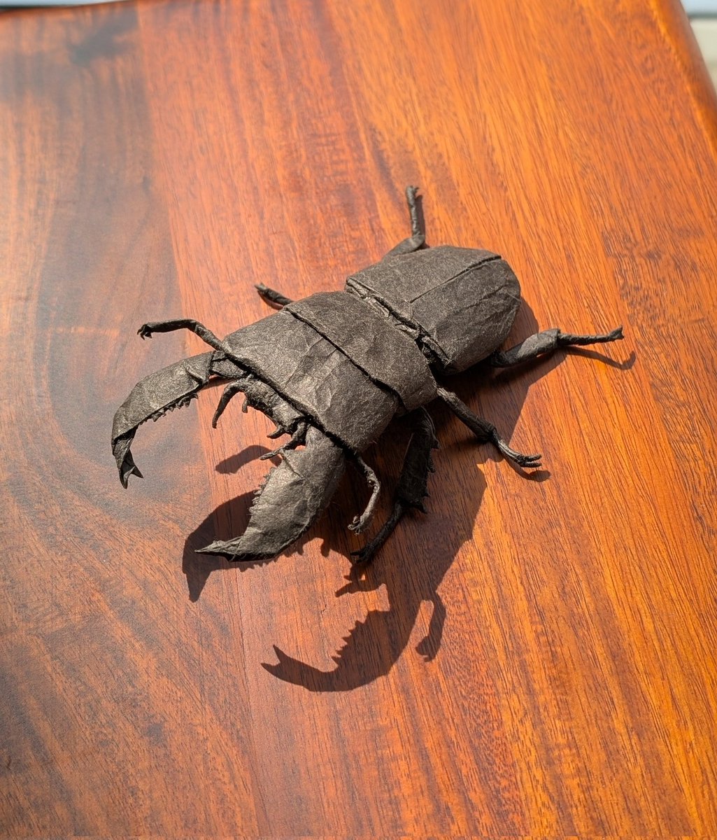 kassakasa19's tweet image. スマトラオオヒラタクワガタ/Dorcus titanus yasuokai
創作:634さん(@634origami )
薄葉紙35cm

立体化が難しくも楽しかったです！
jtouの展覧会に持っていきます
#おりがみ #折り紙 #origami
