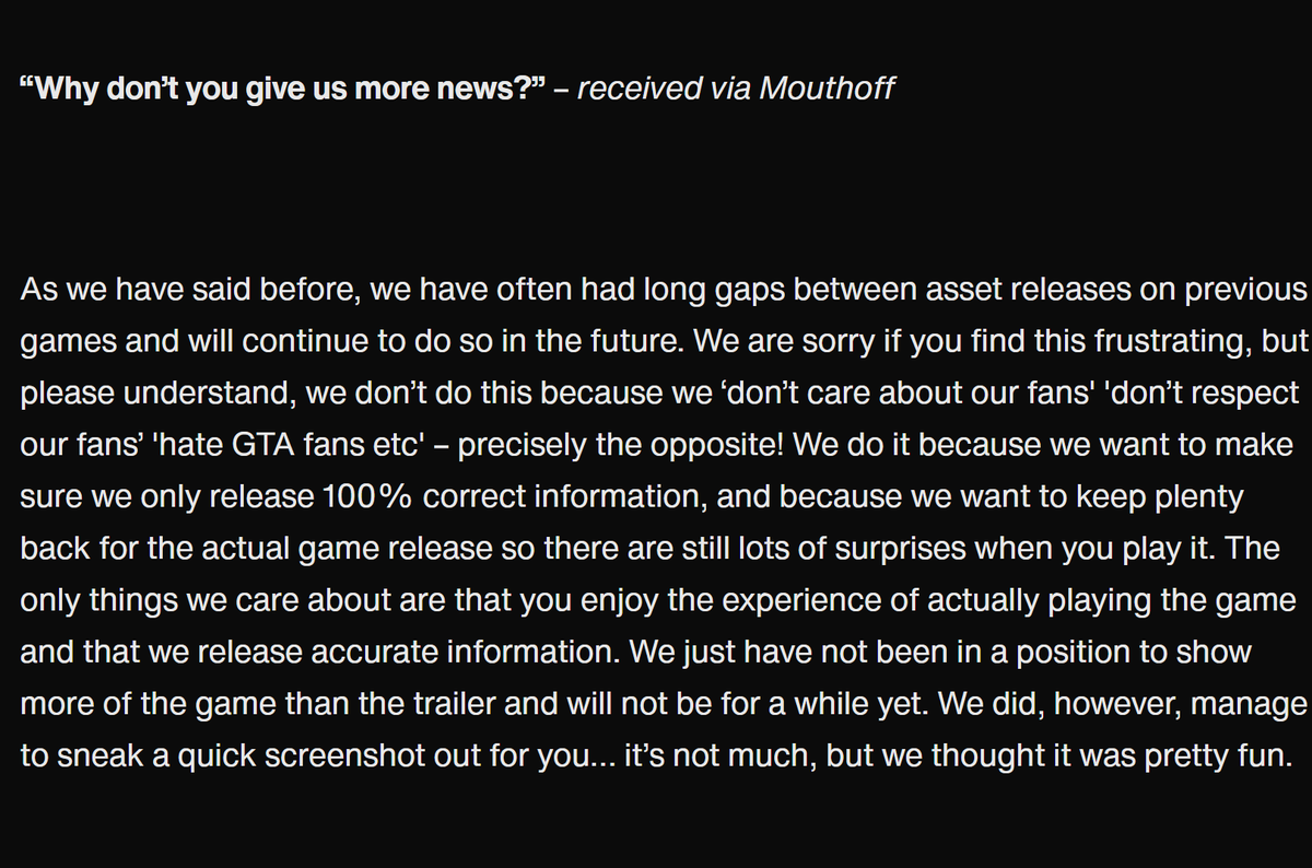 Back in 2012, Rockstar Games ran a Q&amp;A tied to the build‑up for GTA V and Max Payne 3. They even addressed a fan asking why they don’t share updates more regularly.

I’ve always loved those Q&amp;A sessions, they made Rockstar feel more human and gave the community a real chance to