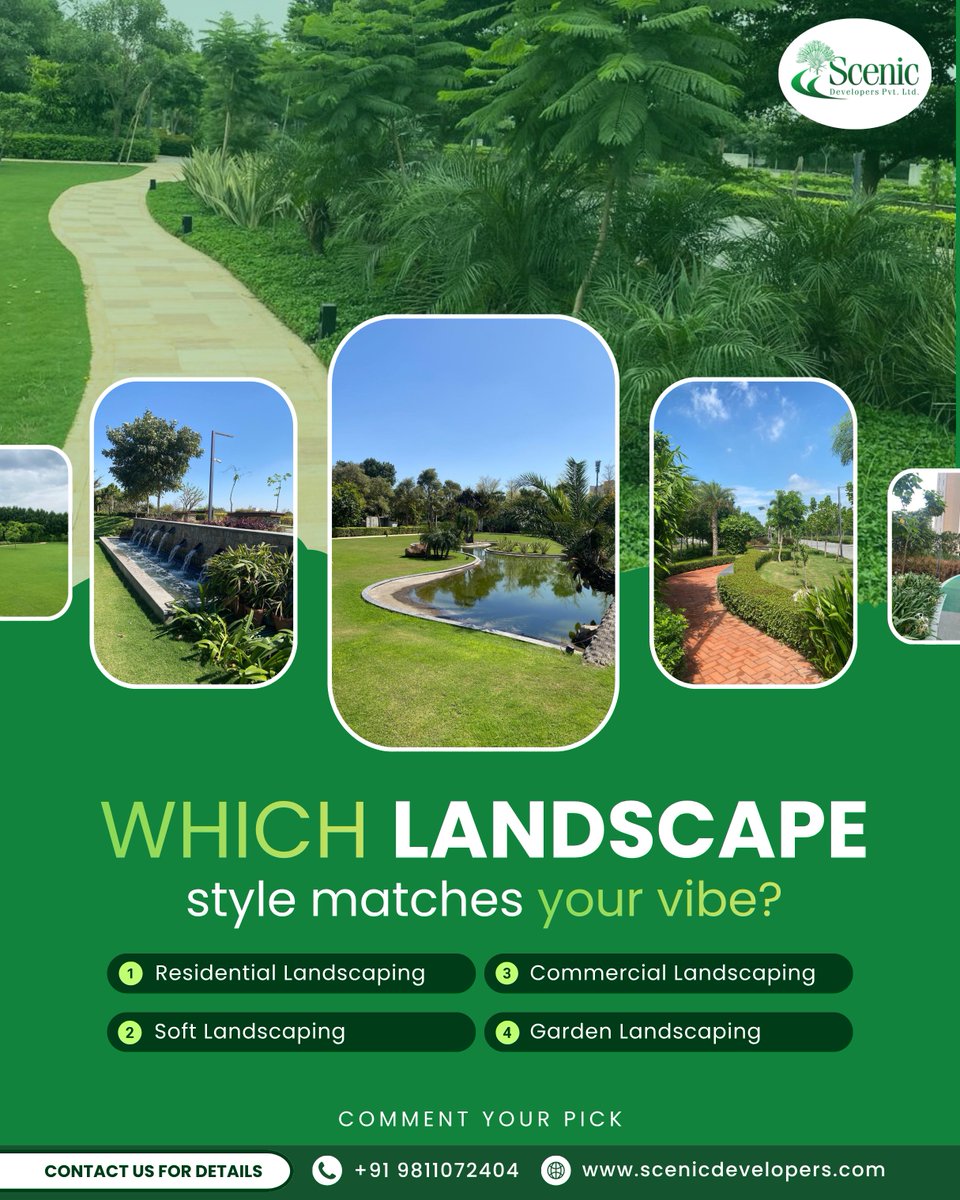 ScenicDeveloper's tweet photo. 🌿Which landscape style matches your vibe? 
1️⃣ Residential 🏡 – Cozy, functional spaces for your home
2️⃣ Soft 🌱 – Plants, grass &amp; natural greenery focus
3️⃣ Commercial 🏢 – Clean, professional outdoor designs
4️⃣ Garden 🌸 – Beautiful, decorative &amp; relaxing spaces https://t.co/idMbwRcRwG