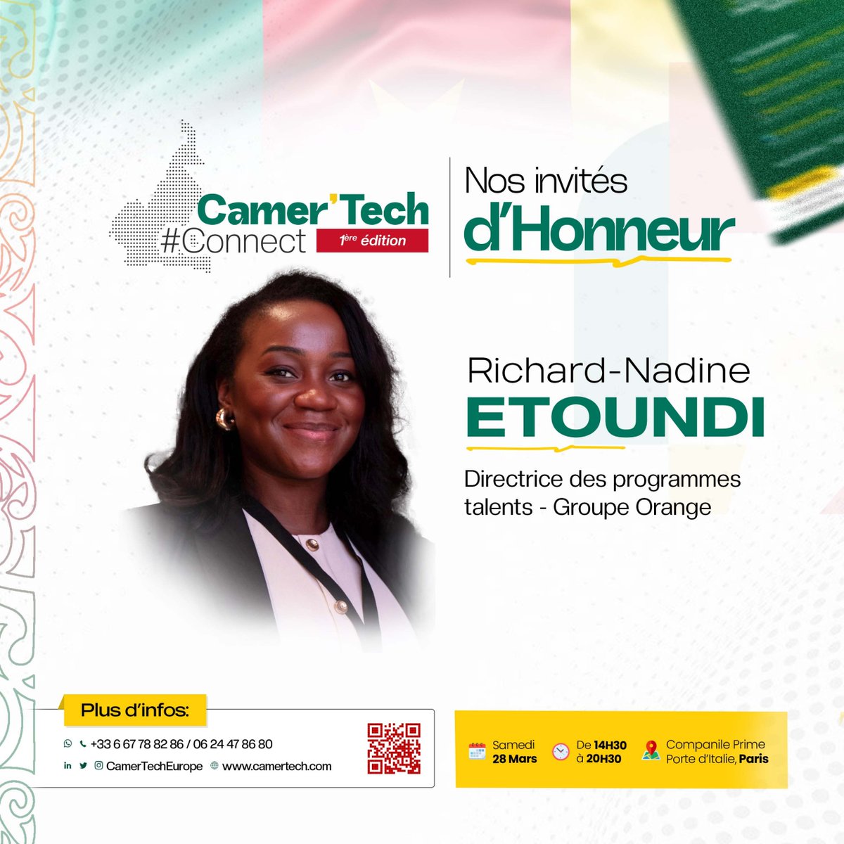 CamertechEurope's tweet photo. 🚀 Les talents sont au cœur du développement de la tech.

À l’occasion de Camer Tech Connect, nous accueillerons Madame Richard-Nadine ETOUNDI, Directrice des programmes talents au sein du Groupe Orange.

📅 28 mars, Companile Prime Place d'Italie Paris

#Talent #TechAfrica https://t.co/Fy045DQjmT