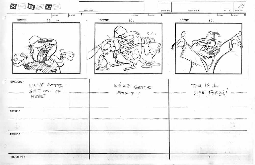 radiodormouse's tweet image. The Wilderness Adventure storyboards are rooted in classical theatrical animation, not TV. George's exaggerated acting makes for a visual script in lieu of a written one, prioritizing clarity &amp;amp; timing that can be understood at a glance over polish. #AnimationHistory #RenAndStimpy