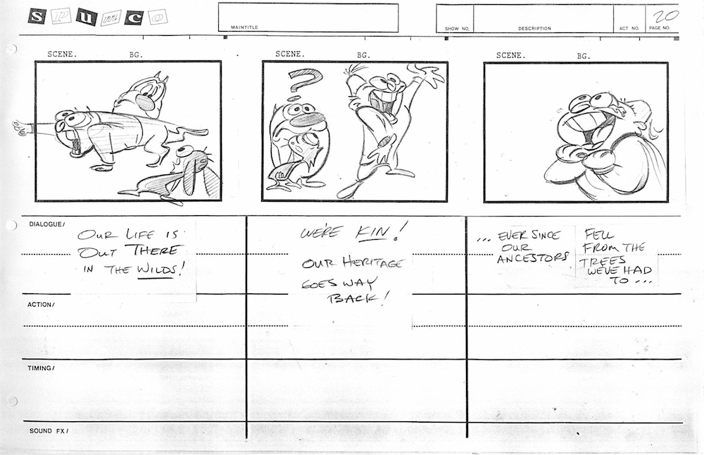 radiodormouse's tweet image. The Wilderness Adventure storyboards are rooted in classical theatrical animation, not TV. George's exaggerated acting makes for a visual script in lieu of a written one, prioritizing clarity &amp;amp; timing that can be understood at a glance over polish. #AnimationHistory #RenAndStimpy