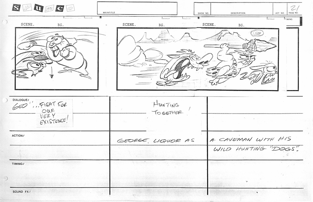radiodormouse's tweet image. The Wilderness Adventure storyboards are rooted in classical theatrical animation, not TV. George's exaggerated acting makes for a visual script in lieu of a written one, prioritizing clarity &amp;amp; timing that can be understood at a glance over polish. #AnimationHistory #RenAndStimpy
