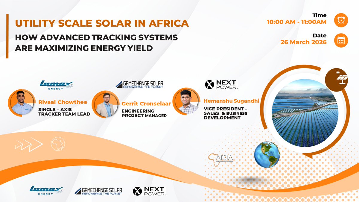AFSIA_Official's tweet photo. 3 Days to Go: AFSIA Solar Market Update Webinar
Nearly 1 GW of utility‑scale solar was installed in Africa in Q1 2026.

Join us on 26 Mar, 10:00‑11:00 CAT, for insights on advanced tracking systems boosting utility‑scale solar.

Register: https://t.co/Ujf5CZqDam

#SolarTracking https://t.co/OvytGvy9Pe