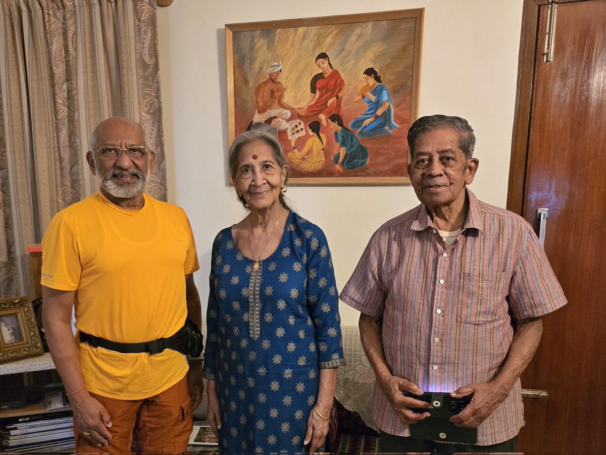 rav26051's tweet photo. Grateful to Lt Gen (Dr) VJ Sundaram (retd) PVSM AVSM VSM and his wife Smt Nalini, for making this afternoon memorable with chains of enthralling anecdotes from their personal and professional lives.
Regarded as father of Prithvi Missile, Dr Sundaram, an exceptional leader, scientist and innovator who, during 1960s, chose difficult the path of Def R&D risking losing his seniority in his brilliant career as an EME Army Officer, has been a champion of TRUE Aatmanirbhartaa. 
Bharat's missile program has been fully indigenous and self-reliant, and the maiden flight of Prithvi on the 25th Feb 1988 inspite of MTCR had come as a shock to the world. Dr Kalam handed over reins of DRDL to Dr Sundaram when he took over as the DRDO chief from Dr VS Arunachalam.
Even after hanging boots as a Lt Gen, over 3 decades ago, Dr Sundaram continued to play role as an innovator in the field of missiles and aeronautics especially drones.

In this arduous journey Smt Nalini jee, herself a highly qualified and accomplished person, throughout played role of true ardhangini, not just ensuring that Dr Sundaram could fully devote his attention and efforts to R&D, but sportingly participating in life's decisions.
I wish him a long long life full of health happiness, successes and many more laurels.