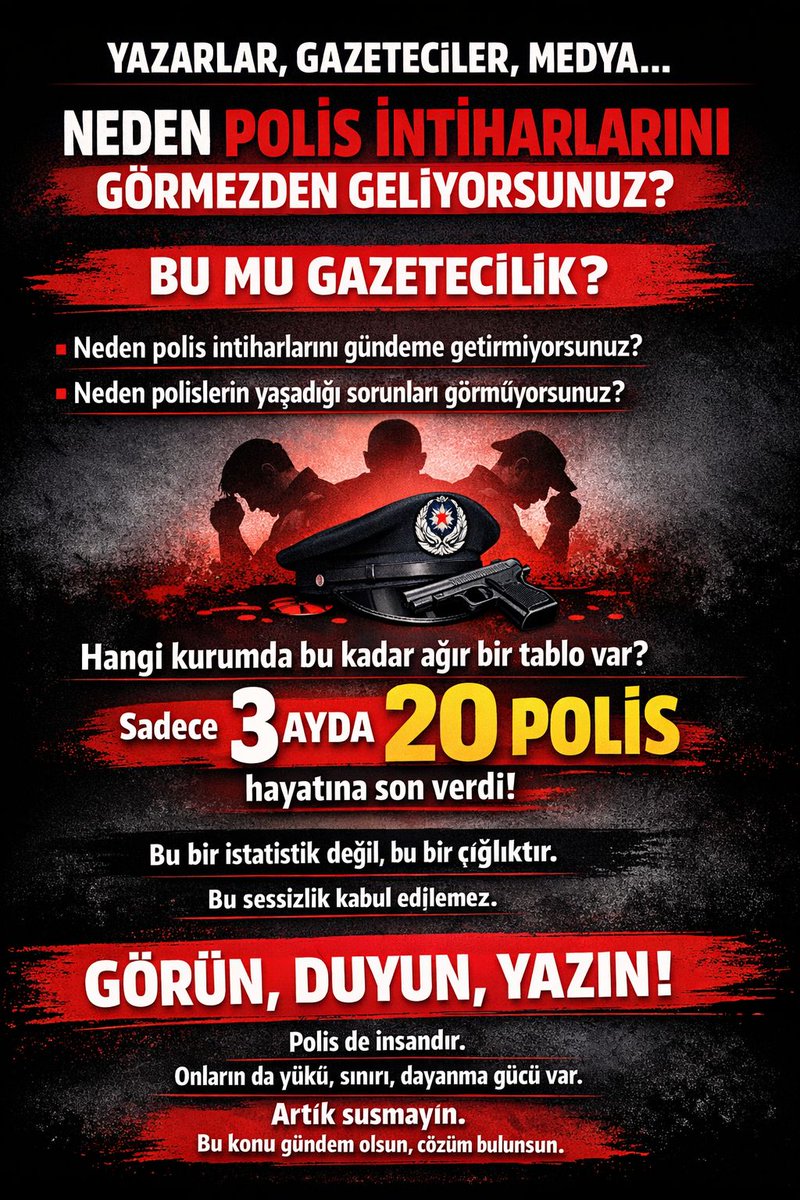 Son 12 günde 10. Polis intiharı Ne yazık ki dün Adana da gerçekleşti. Polisin içinde bulunduğu durumu görmeyecekmisiniz   <a href="/asayisberkemal0/">Asayiş Berkemal</a> 
<a href="/MilliyetciX/">Milliyetçi Gazete</a> 
<a href="/ulkucuresmitc/">Ülkücü Hareket</a> 
<a href="/bpthaber/">BPT</a>
<a href="/siyahsancakx/">SİYAH SANCAK</a> 
<a href="/solcugazete60/">Solcu Gazete</a> 
<a href="/ajans_muhbir/">🎙 Muhbir</a>
<a href="/haskologlu/">ibrahim Haskoloğlu</a>
Kaynak <a href="/Emniyetintihar/">Emniyet İntihar Anıtı</a> #PolisiYaşatın