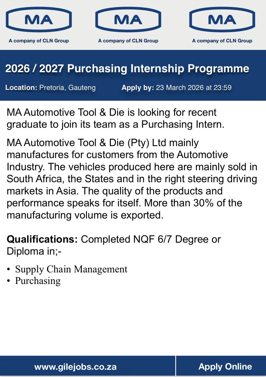 GILEJoBs_SA's tweet photo. Apply for MA Automotive’s Purchasing Internships 2026 / 2027

Visit: https://t.co/kQCjUAFUEa for more details and to apply

Don’t miss out. Deadline is 23rd March 2026

📲 WhatsApp: https://t.co/I2cX4P0mY8
📲 Facebook: https://t.co/ygeIoskL97
📲 LinkedIn: https://t.co/q97kK3PwZf https://t.co/d3U9eTzlId