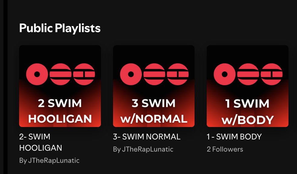 3 more playlists for Spotify, less than 2h each one:

1- SWIM + BODY
open.spotify.com/playlist/6PQTO…
2- SWIM + HOOLIGAN
open.spotify.com/playlist/0ABYW…
3- SWIM + NORMAL
open.spotify.com/playlist/0vji7…

I have also updated the other 7 playlists to reflect our new pursue of 1B tracks.