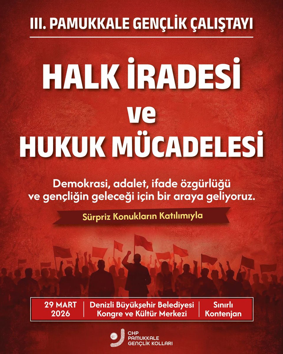 Halkın iradesine çökenlere, adaleti susturmaya çalışanlara karşı susmuyoruz.

III. Pamukkale Gençlik Çalıştayı’nda sürpriz konuklarla buluşuyor, sözümüzü ve mücadelemizi büyütüyoruz. Sen de yerini al.

29 Mart 2026
Denizli BB Kongre ve Kültür Merkezi