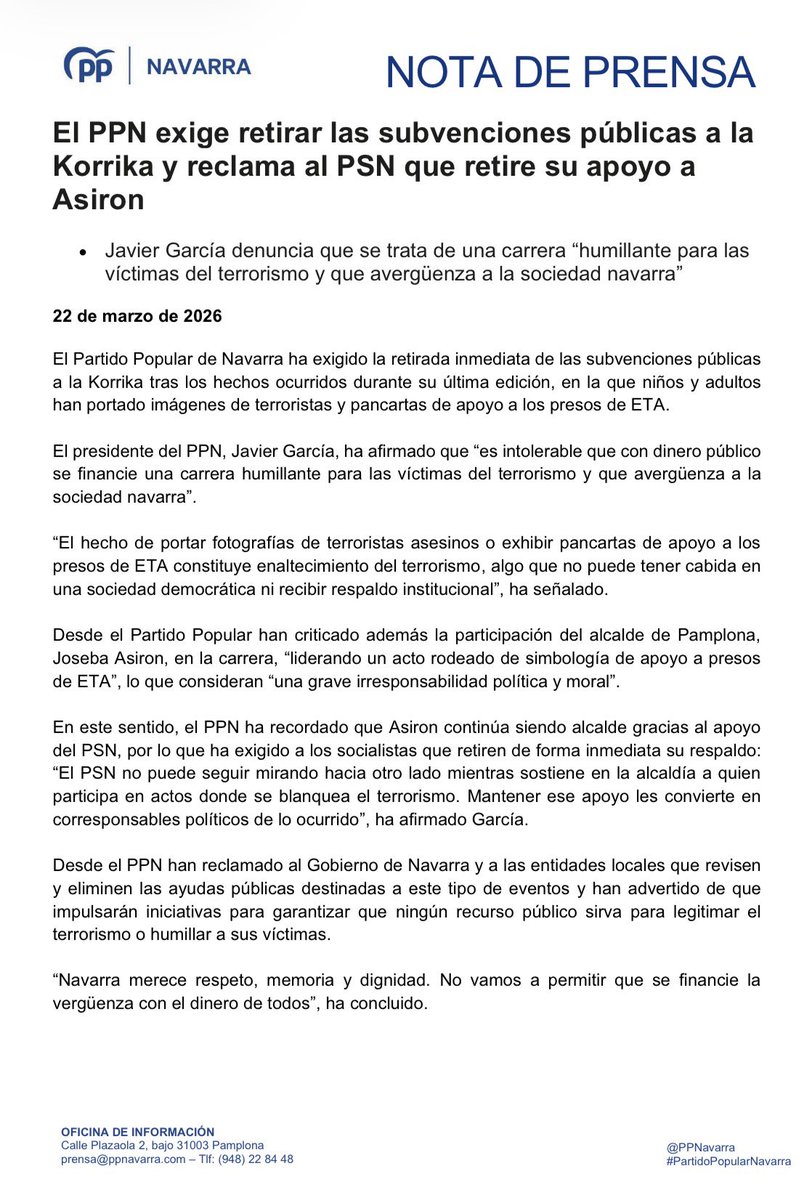 Exigimos la retirada de cualquier subvención pública a un evento que va en contra de la convivencia, y de las víctimas del terrorismo que tanto sufrimos en Navarra. 

Es momento de que el <a href="/PSNPSOE/">Socialistas Navarra / ❤️</a> se dé cuenta de quién es realmente Asirón.