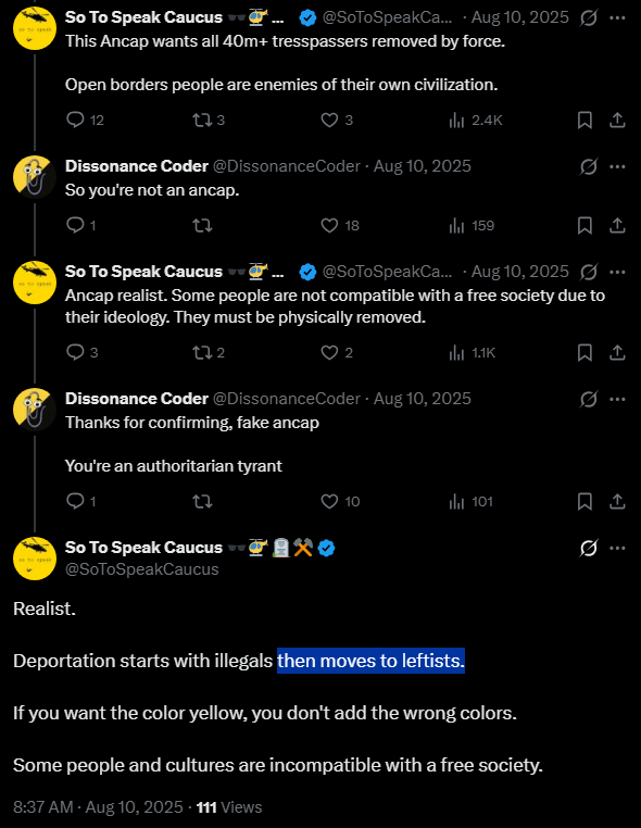 The Libertarian Party has now appointed someone to a candidate support position who directly advocates violently purging anyone who disagrees with him from the country, who also calls for a white ethnostate, and who defends and promotes fascist regimes.

Bryce Thon's page, y'all.