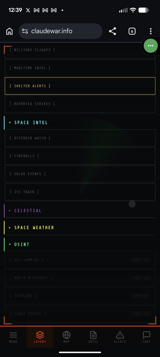 <a href="/BenjaminBadejo/">Ben Badejo</a> I built an intelligence terminal that gives real time alerts for Israel shelter orders &amp; dozens of other data points from military to celestial. 

A 'GPS Jamming' tracker is next on the list of things to add to <a href="/CLAUDE_WAR_/">CLAUDEWAR 🪖</a>. 

I built it to help people, maybe you'll like it!
