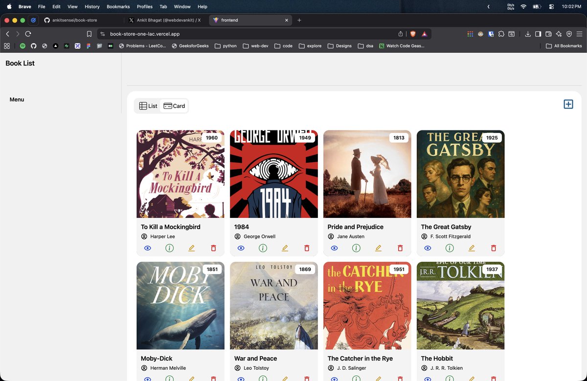 webdevankit's tweet photo. Project: Book-Store
🔗https://t.co/pN5sSiV5AI
CRUD based WebApp
🛠️Tech Stack
Frontend-
#reactjs , #axios (for API requests), #reactrouter (for navigation), #notistack (for notifications), #tailwindcss
Backend-
#nodejs, #expressjs, #mongodb, #multer (for image upload handling) https://t.co/9BDeXvIoZJ