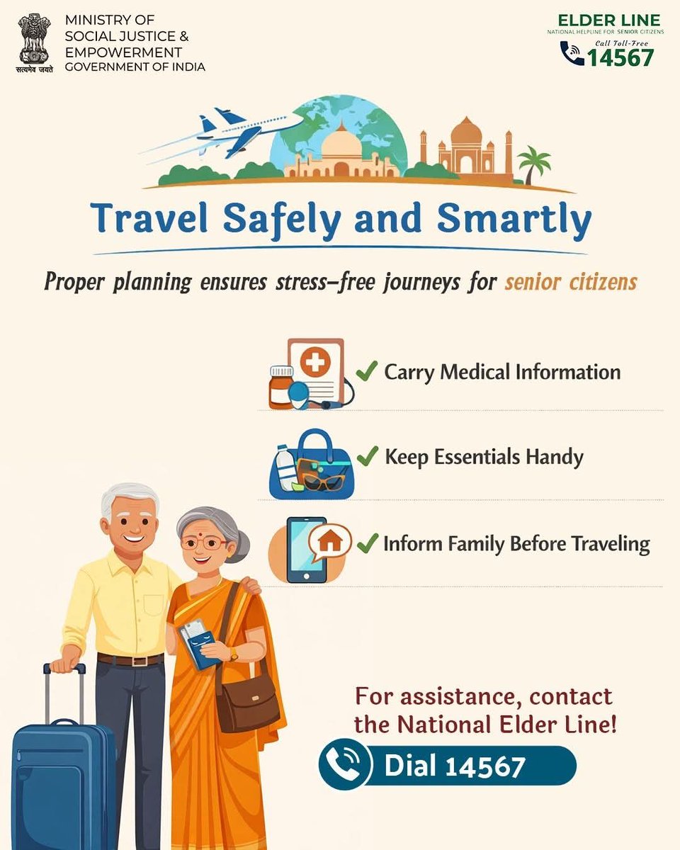 AIGCDELHI's tweet photo. Every journey is safer when you’re prepared
Senior citizens are encouraged to carry essentials and stay connected. Dial 14567 

#AgeingWithDignity https://t.co/q5qi0EEJiS