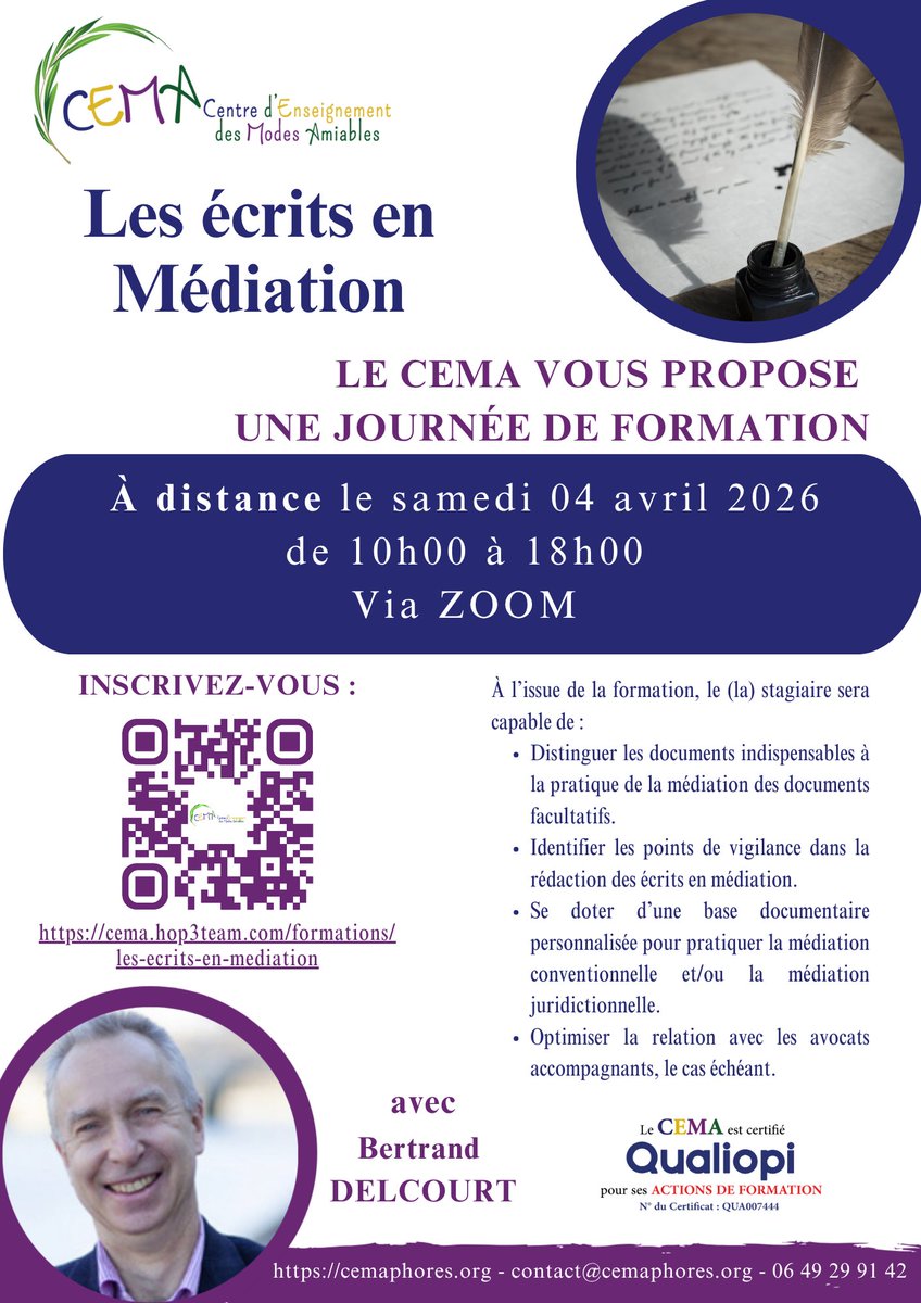 CEMA75013's tweet photo. ✍️ Les écrits en médiation : un levier essentiel de votre pratique

Le CEMA vous propose une formation à distance dédiée aux écrits en médiation, animée par Me Bertrand DELCOURT.
📅 Samedi 04/04/2026
🕙 10h00 à 18h00
💻 ZEn visio 

🔗https://t.co/NKxg1cIF5h https://t.co/O4RjsVglCV