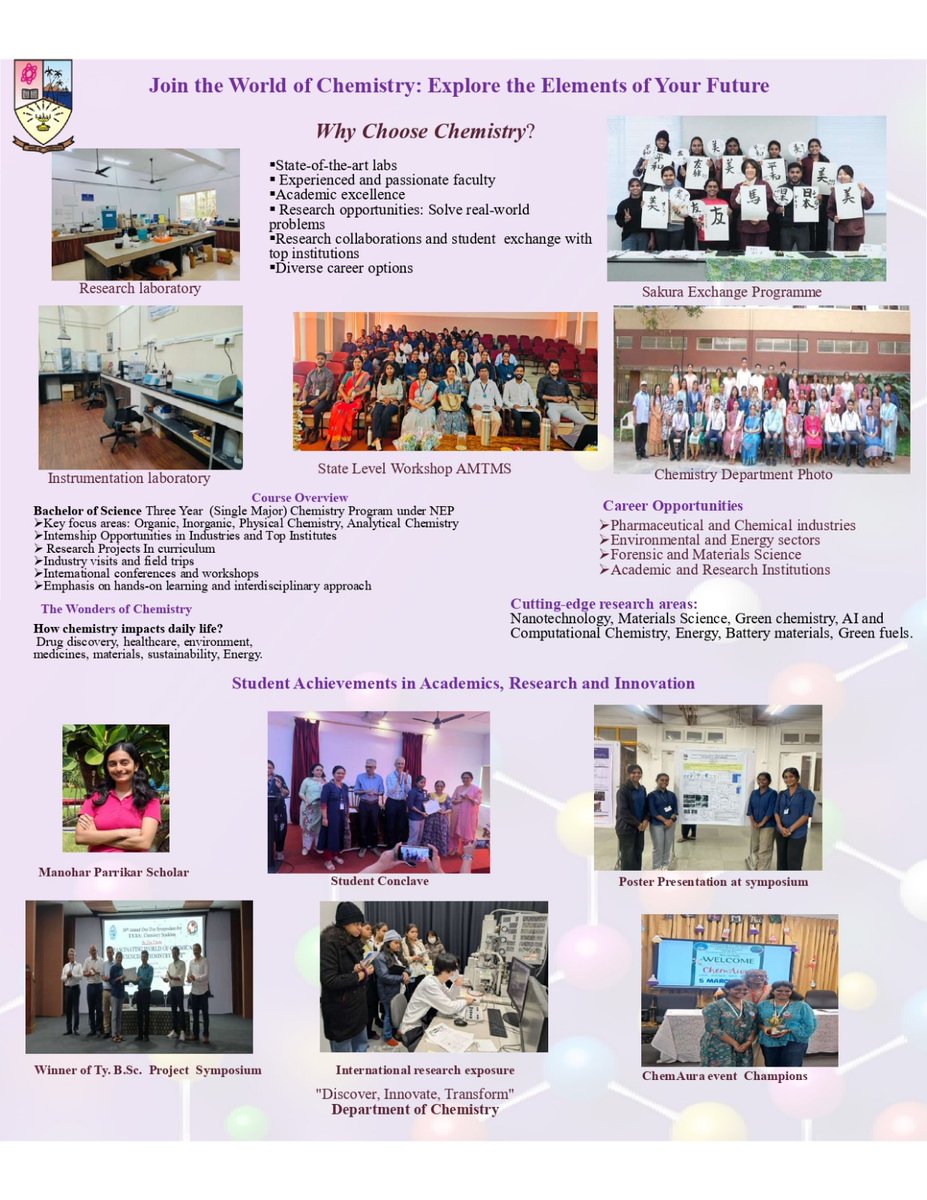 ⚗️✨ Department of Chemistry

The Department of Chemistry offers a strong foundation in physical, organic, and inorganic chemistry, combining theory with extensive laboratory practice.