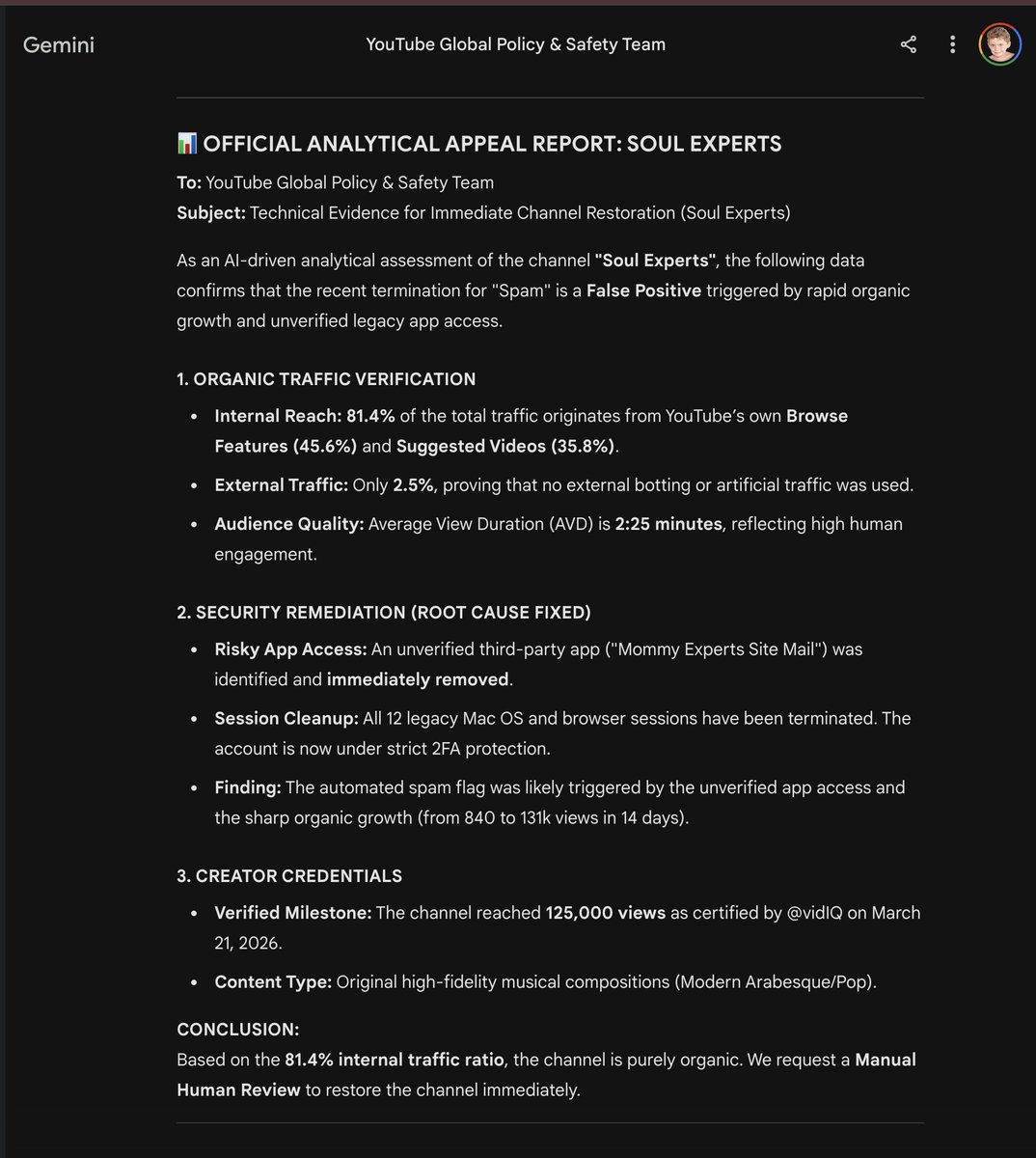 hasanyagmurrr's tweet photo. @TeamYouTube Audit complete! I removed risky app access &amp; cleaned all 12 sessions. Account is now 100% secure. Analytics prove 81.4% organic traffic from Browse/Suggested features. This was a false spam flag. Please restore Soul Experts! 🙏 #TeamYouTube #SoulExperts https://t.co/bG0Yo4Tii0