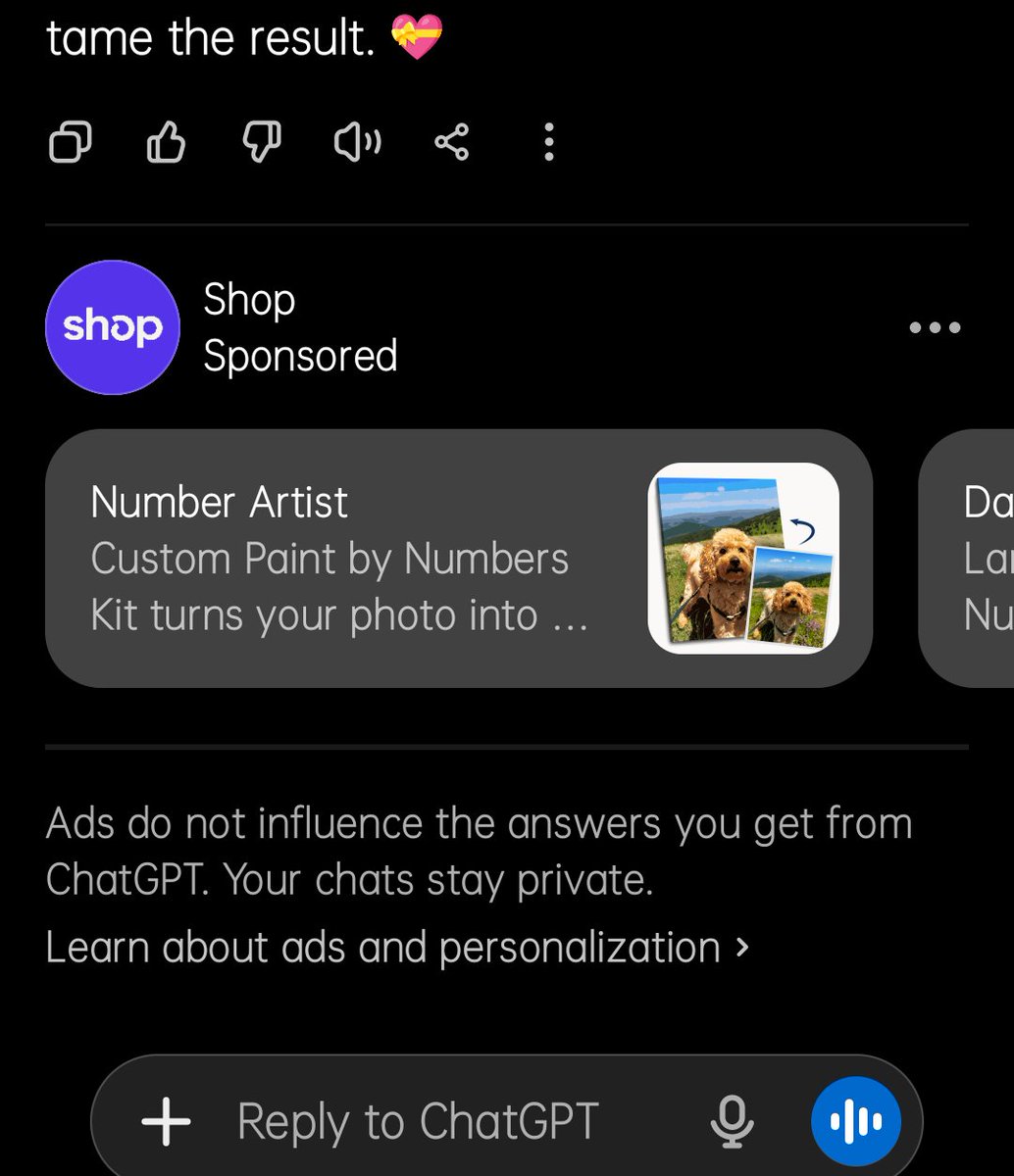 rayeia87's tweet photo. Guys! I got my first ad on ChatGPT! 

🤦🏻‍♀️
#fuckopenai #closedai @OpenAI #openlie https://t.co/f4oxzmqi18