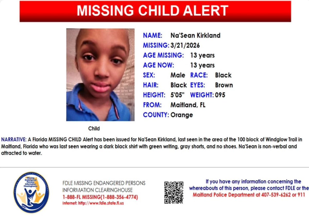 KatKatButterfly's tweet photo. #MISSINGENDANGERED CHILD
#Maitland, #FL
Maitland PD - Florida is seeking help locating 13-year-old #NaSeanEdwardKirkland.
He is Autistic & Non-Verbal.
Him & his brother left their home in the Windgrove area, South of Lake Sybelia in Maitland, around 1:30PM on 03/21/26. https://t.co/H58ez52XLe