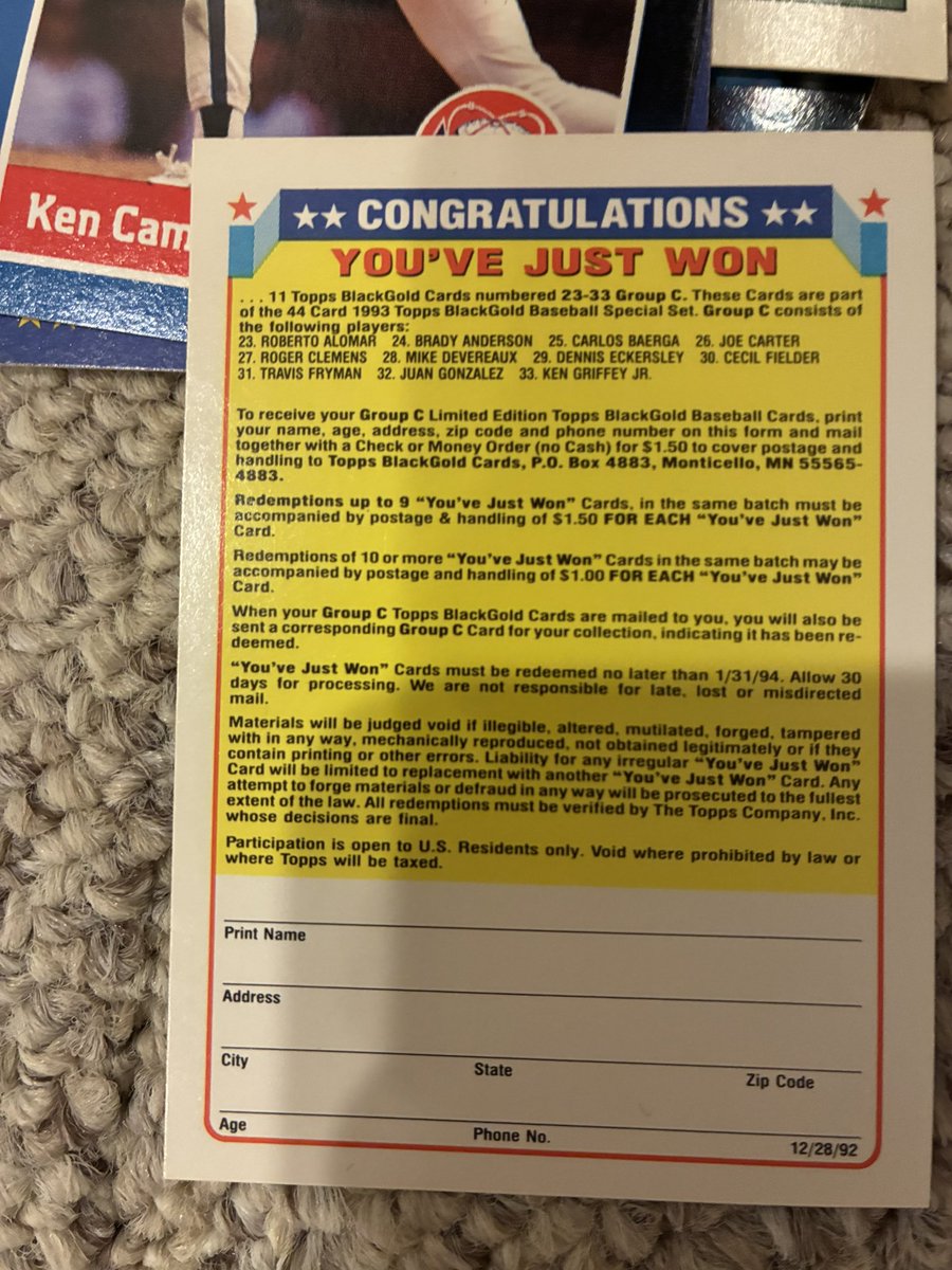 chrisgranese's tweet photo. @Topps Finally getting around to searching old boxes. Last looked at in 1994. 

Found this, @Topps can I still redeem? https://t.co/AEBmgPy0ro