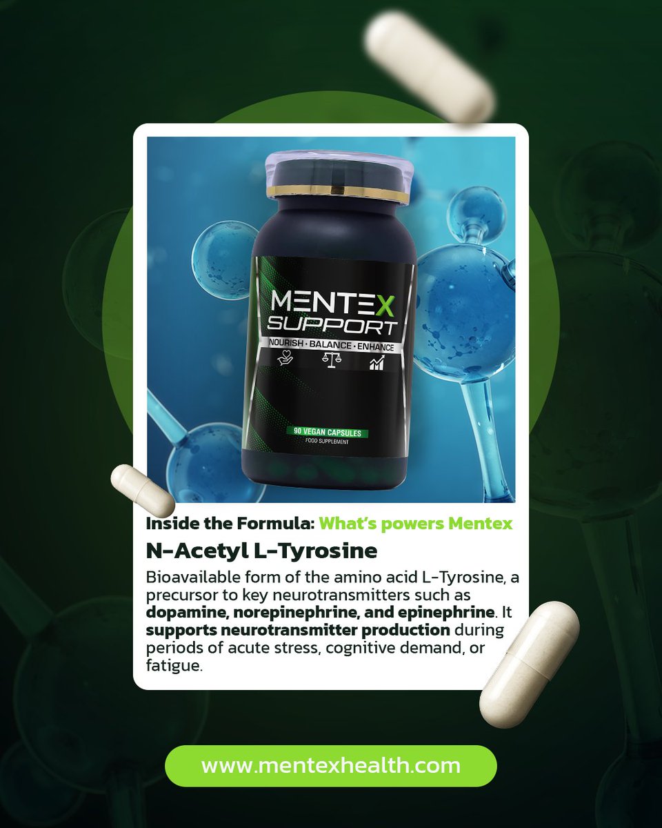 MentexHealth's tweet photo. N-Acetyl L-Tyrosine. ⚡

A highly bioavailable form of L-Tyrosine, used to support the body’s ability to produce key catecholamine neurotransmitters during demanding situations.

It is commonly studied in contexts involving mental strain, sustained attention, and fatigue. 🧠

Discover the science behind the formulation at https://t.co/ai5MrhwGOs. 🚀

#insidetheformula #nacetyltyrosine #citicoline #neurotransmittersupport #brainenergy