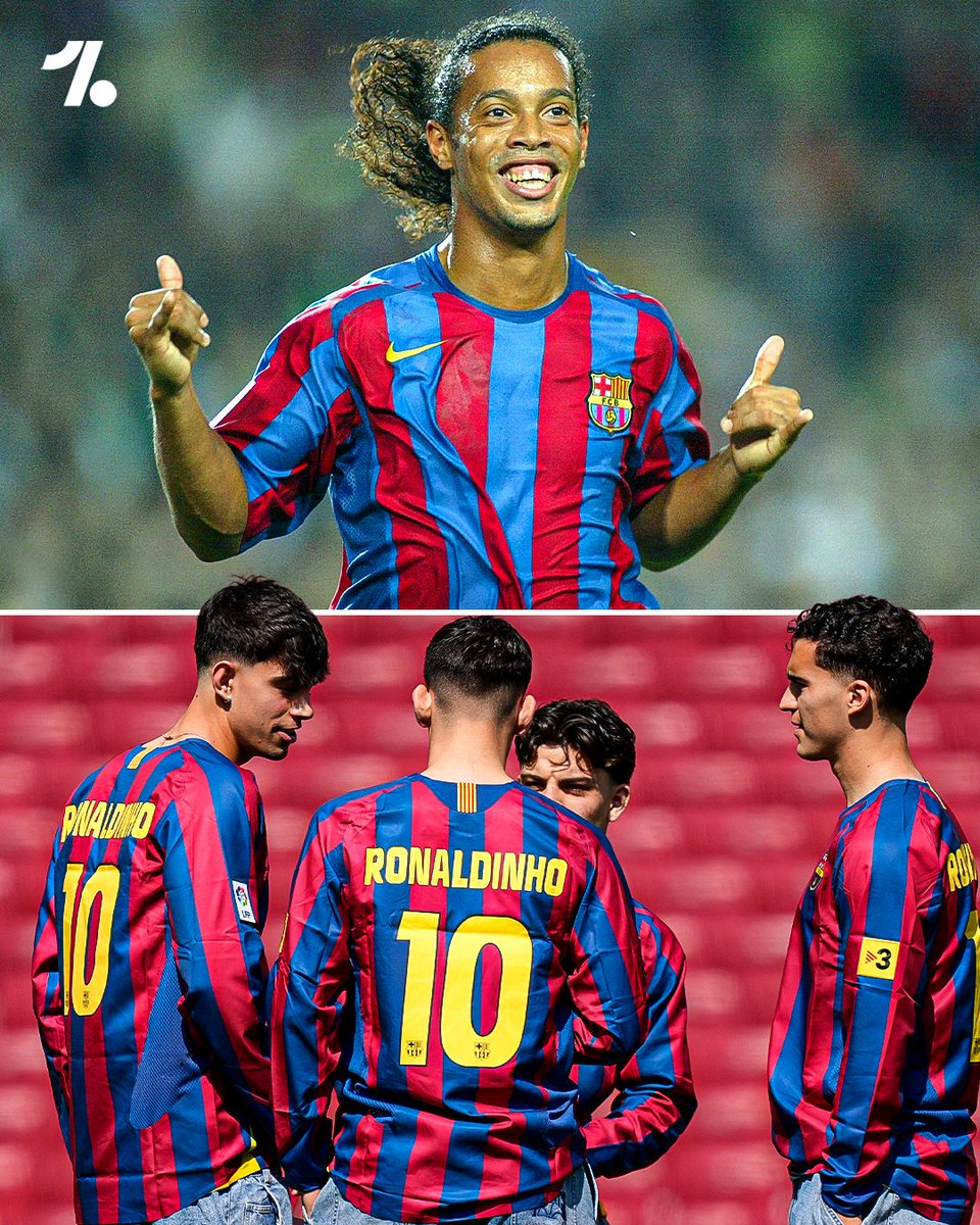 OneFootball's tweet photo. Barcelona wore a remake of their iconic 2005 jersey with Ronaldinho on the back pre-match against Rayo Vallecano 🤩🇧🇷

The 2005 Ballon d'Or winner celebrated his 46th birthday yesterday ✨🎂

An iconic jersey is back 😮‍💨👕 https://t.co/eo8LRCbLXk
