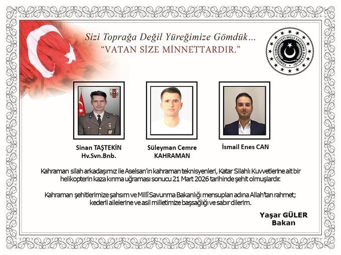 manisadernegi's tweet photo. Milletimizin Başı Sağolsun 

#Katar'da Meydana Gelen Helikopter Kazasında Şehit Olan 2 Aselsan Teknisyeni ve 1 Binbaşımıza Allah'tan Rahmet Yakınlarına Başsağlığı Diliyoruz...

#şehit #helikopter #kaza #tsk #aselsan https://t.co/pDPS9qHcrn