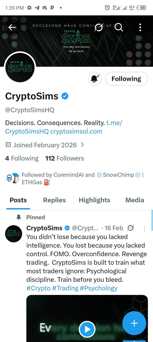 Theonlyspec's tweet photo. Came across something different today and that's @CryptoSimsHQ

Not signals, not “what to buy"  more like a decision simulator for crypto.
 Every move has consequences, and no reset.
Lowkey interesting idea worth exploring 🤔
They have an activity going 
https://t.co/Rax5EToqvY https://t.co/YFC3ueag9W
