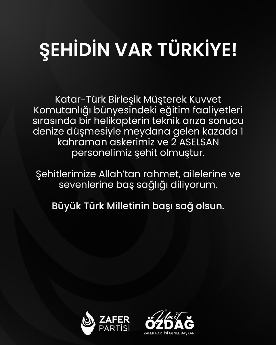 Katar-Türk Birleşik Müşterek Kuvvet Komutanlığı bünyesindeki eğitim faaliyetleri sırasında bir helikopterin teknik arıza sonucu denize düşmesiyle meydana gelen kazada 1 kahraman askerimiz ve 2 ASELSAN personelimiz şehit olmuştur.

Şehitlerimize Allah’tan rahmet, ailelerine ve