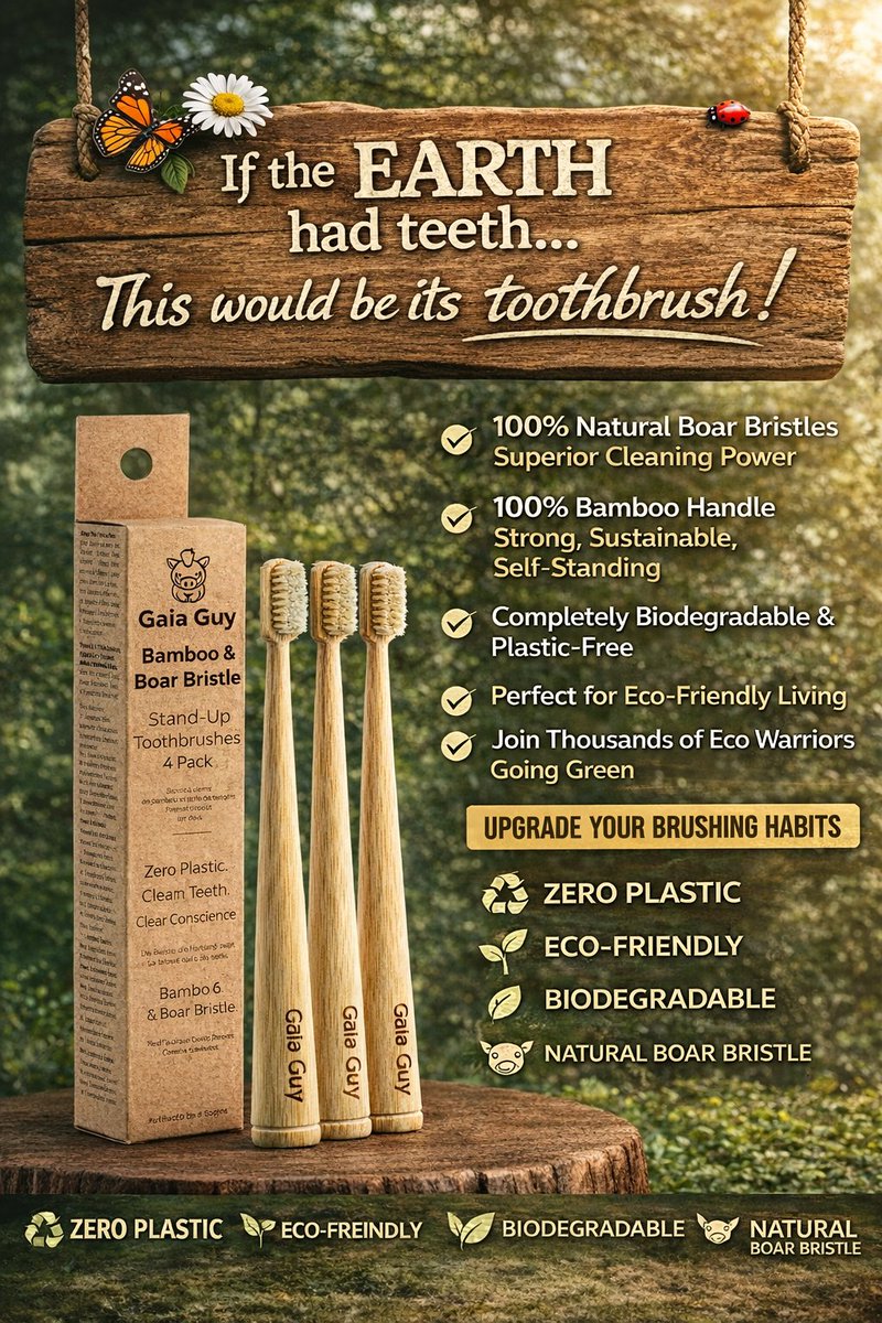 Most toothbrushes are plastic.
Even the “eco” ones still use nylon bristles.
We made one from bamboo + real boar bristles that stands on its own so it dries properly.

Simple idea.
Surprisingly rare.

gaiaguy.com/products/self-…