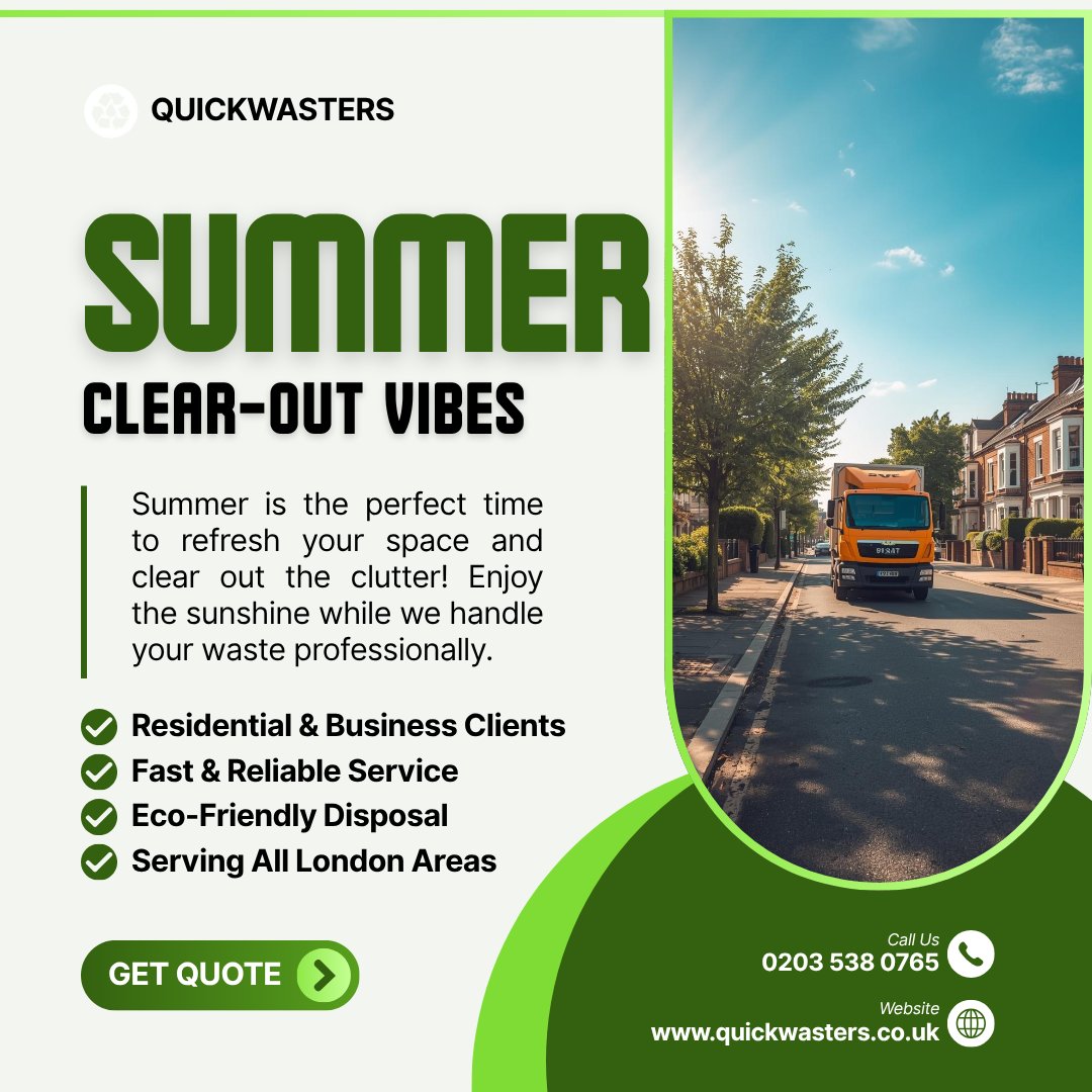 Quickwasters1's tweet image. SUMMER CLEAR-OUT VIBES ☀️🚛
Summer is the perfect time to refresh your space.
Clear out the clutter, enjoy the sunshine, and let QuickWasters handle the waste.
.
📞 0203 538 0765
📧 info@quickwasters.co.uk
🌍 quickwasters.co.uk
.
#SummerClearOut #QuickWasters