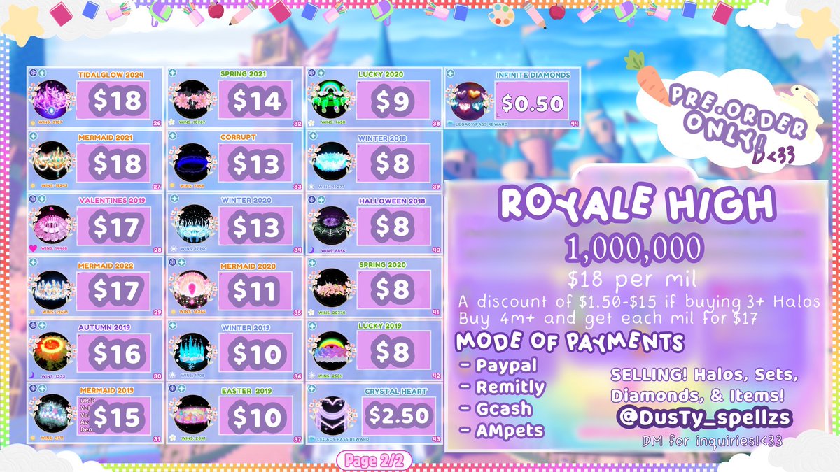 🔮~Dusty Spellz’s Shoppe~!👾
✨ Selling Royale High Halos, Dims, &amp; sets for Paypal $ Remitly! 🪄  

ONHANDS🎰
10MIL RHD
$18 per mil, buy 4m+ get each mil for $17 

NEGOTIABLE✨
CAN RUSH!‼️ Eta: 30mins-2hrs
Happy Shopping~🛒
#royalehigh #ROBLOX #royalehighart #adoptme #robux #rhtc