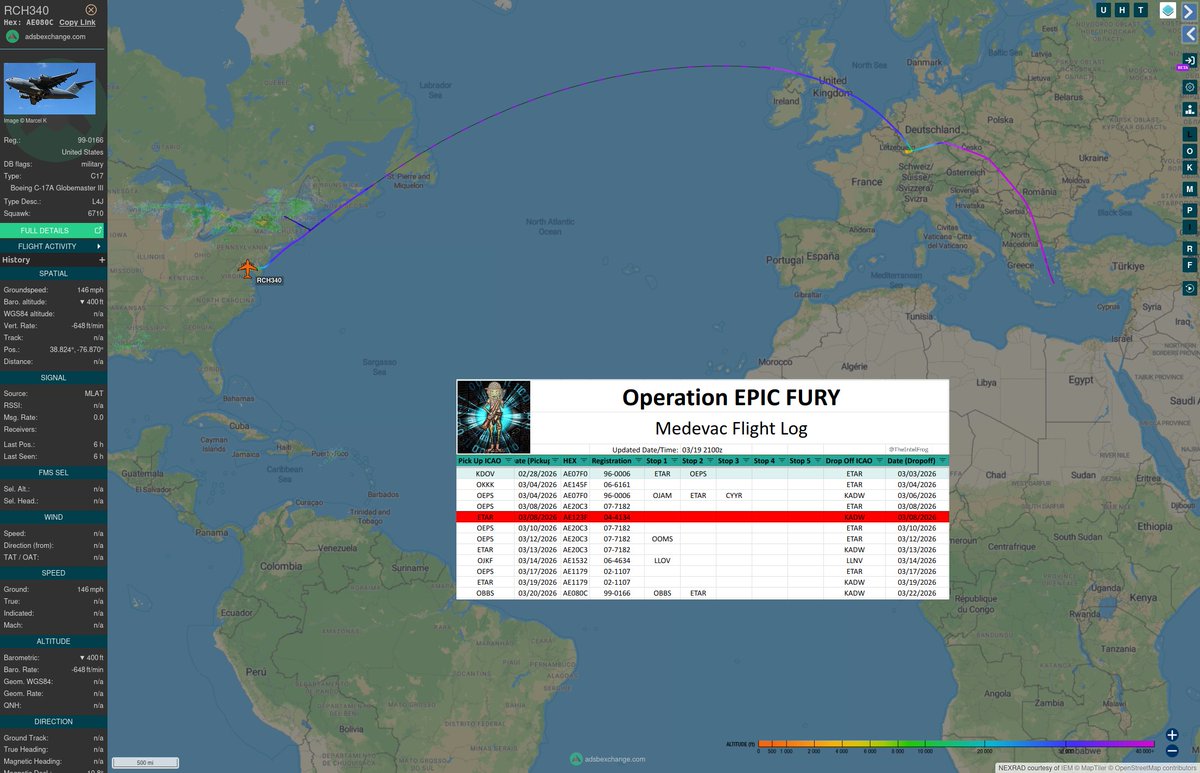 TheIntelFrog's tweet photo. After a short time on ground at Ramstein AB, Germany US Air Force C-17A #AE080C as RCH340 continued on to JB Andrews over night delivering the casualties to Walter Reed National Military Medical Center. https://t.co/eXUWVxDJnW
