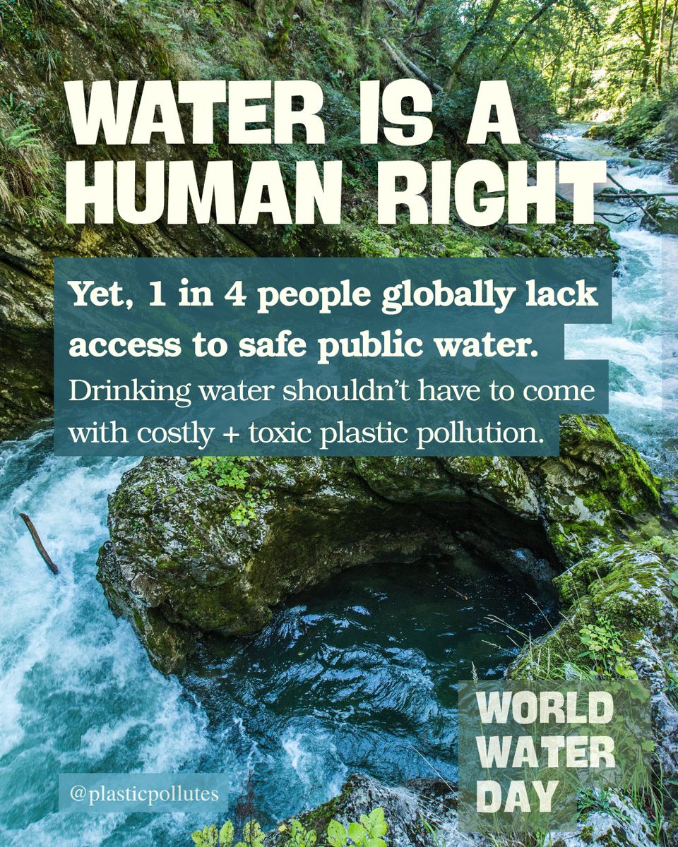 PlasticPollutes's tweet photo. 🚰 This World Water Day, let’s remember that it would take less than half of global annual bottled water sales to fund public, accessible drinking water to the 1 in 4 people globally without it. ‼️💧

The plastic bottled water industry undermines necessary investment in public infrastructure that could legitimately affirm the human right to safe drinking water, but it doesn’t have to be this way. Let's call on big business and government to put the health of people and the planet over profit.

🌊 Learn more about solutions to safe drinking water—without the plastic: https://t.co/lSaUA4OQTK

#WorldWaterDay #PlasticPollutes #BreakFreeFromPlastic #WaterEquity