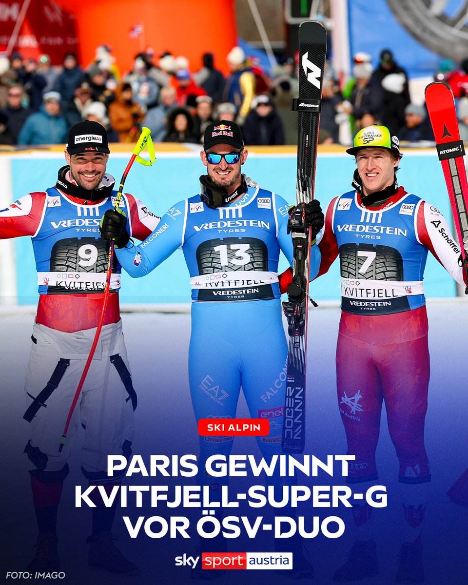 SkySportAustria's tweet photo. Dominik #Paris hat Vincent #Kriechmayr im letzten Speedrennen der Saison den Sieg weggeschnappt! Raphael #Haaser wird Dritter! ⛷️🇦🇹
Alle Infos 👉 https://t.co/F0jeOiJWyW
#SkySport #SkiAlpin #SuperG https://t.co/p1j5jifsOe