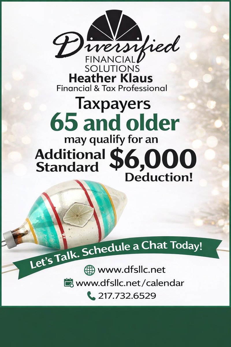 HeatherWithDFS's tweet photo. If you’re 65 or older, there may be an additional standard deduction available that could help lower your tax bill. Worth reviewing when you file. 
Let's chat:
🌐 https://t.co/tRsYqRd31L
📅 https://t.co/djVy0rpOHG
📲 217.732.6529
#DFS #taxes #HeatherwithDFS https://t.co/V4WT4H23C2